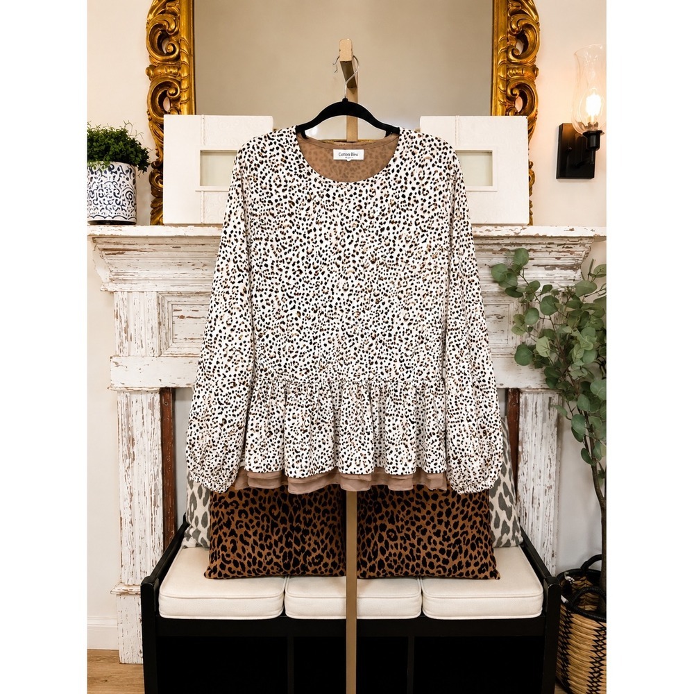 Cotton Bleu Leopard Print Peplum Blouse Long Bubble Sleeve Tan Brown Size Medium